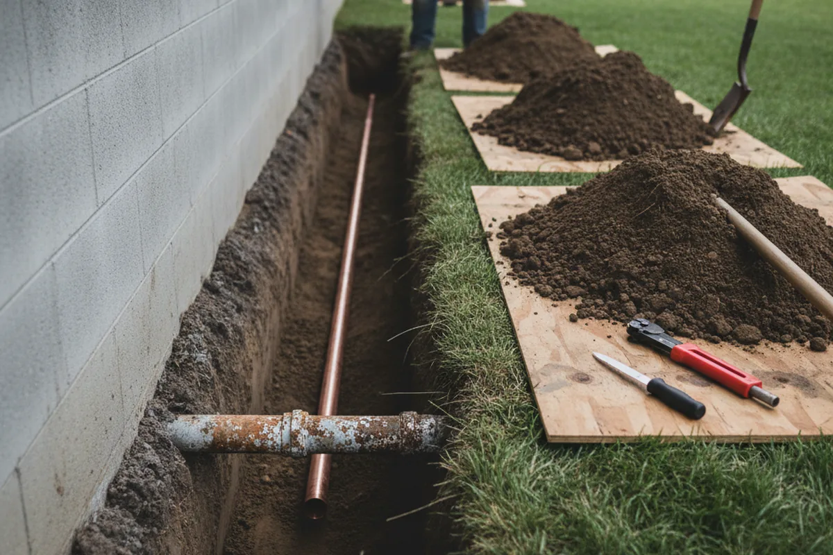 Excavated water line trench during Water Heater Repair in Three Bridges